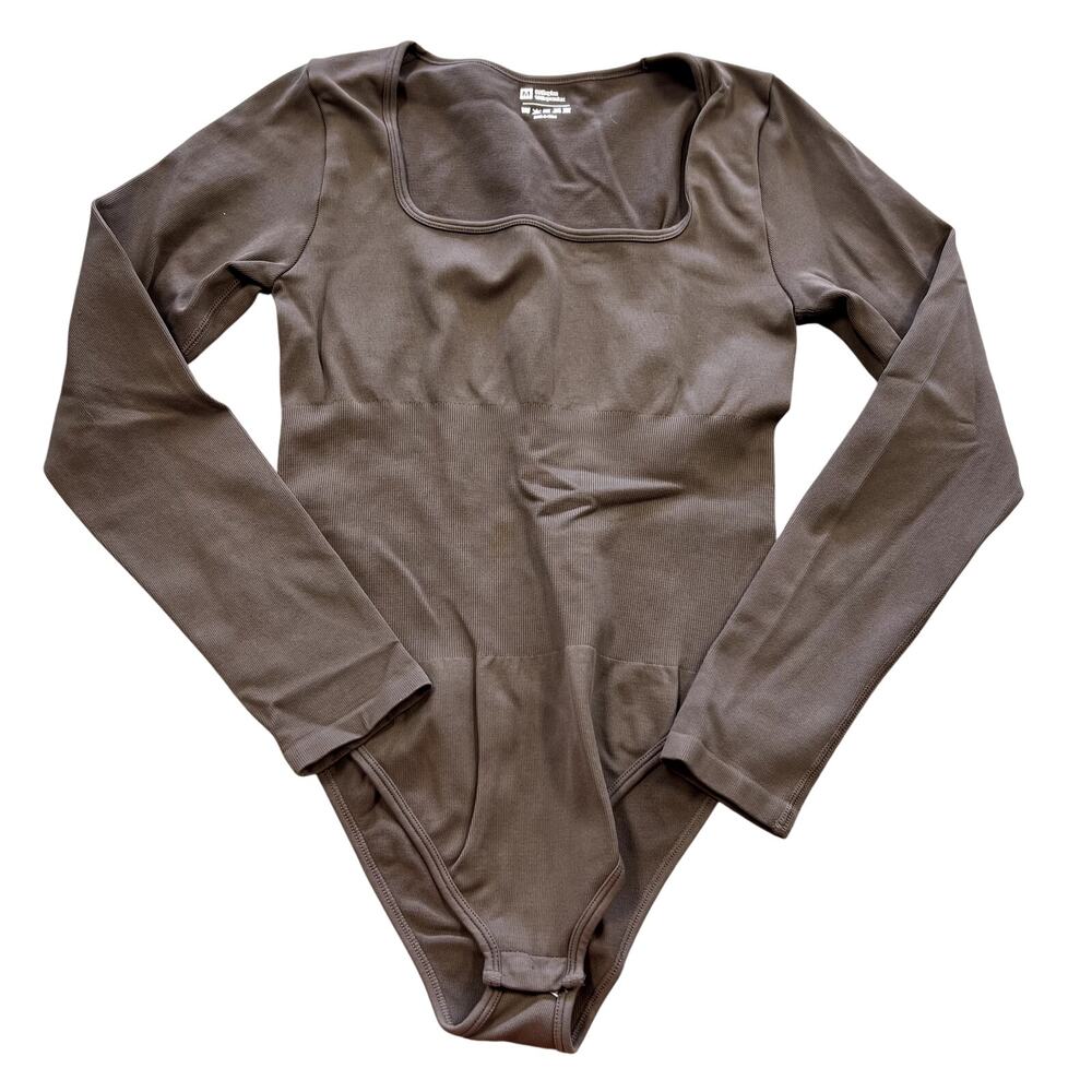 Women's Ribbed Brown Square Neck Tummy Control Bodysuit Size Medium